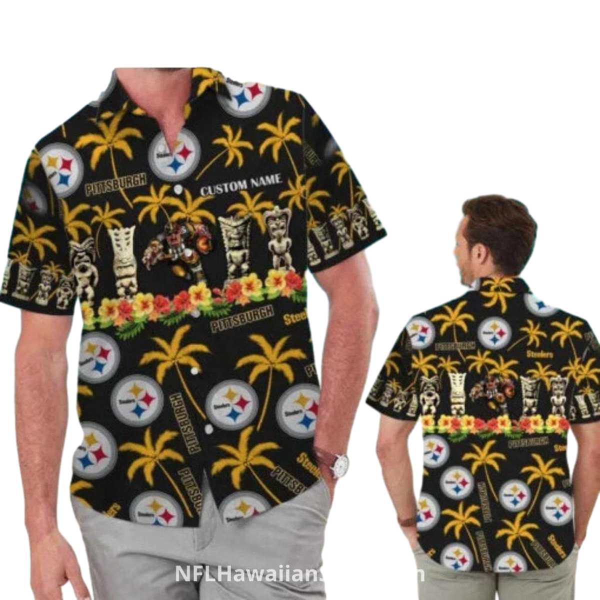 Personalized Pittsburgh Steelers Tiki Totem Palm Tree Hawaiian Shirt - Moonbestprint