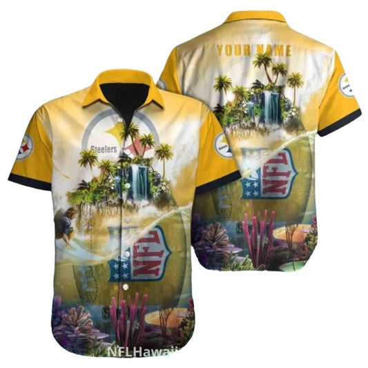 Personalized Pittsburgh Steelers Tropical Island Waterfall Hawaiian Shirt - Moonbestprint