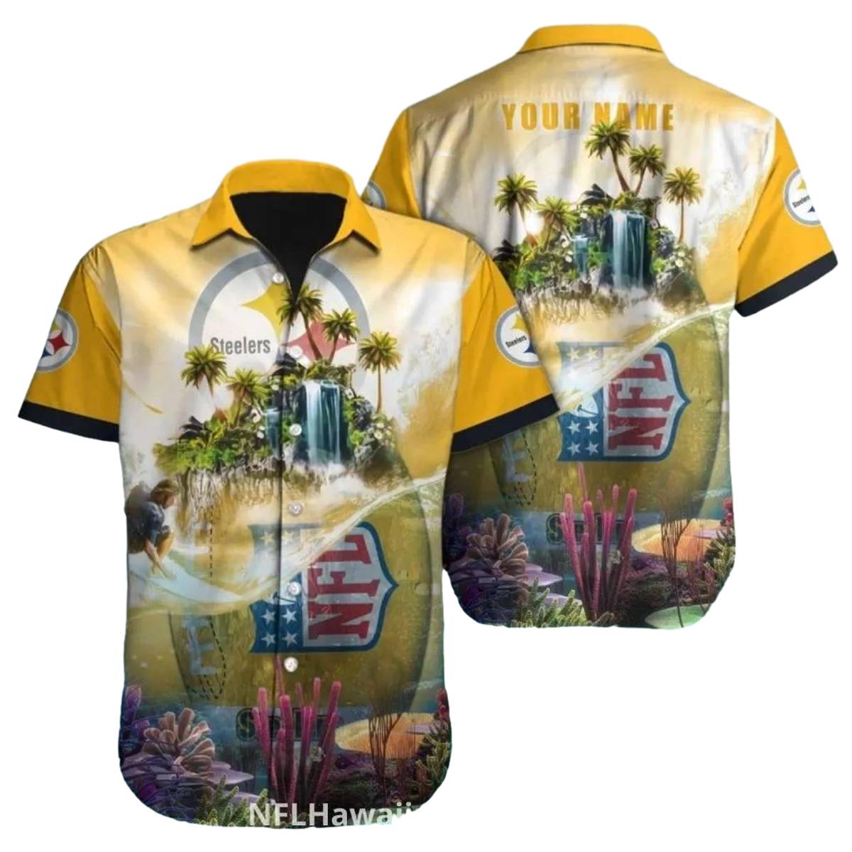 Personalized Pittsburgh Steelers Tropical Island Waterfall Hawaiian Shirt - Moonbestprint