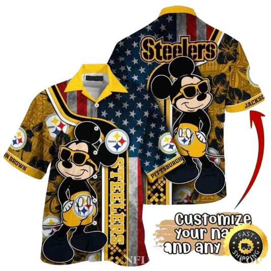 Personalized Pittsburgh Steelers Us Flag And Mickey Fanfare Black And Gold Hawaiian Shirt - Moonbestprint