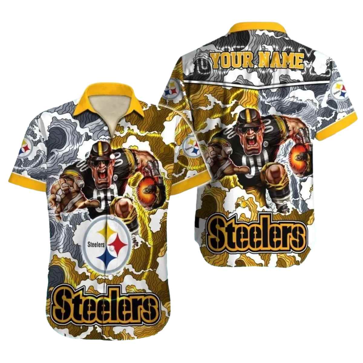 Personalized Pittsburgh Steelers White And Black Camo Storm Mascot Hawaiian Shirt - Moonbestprint