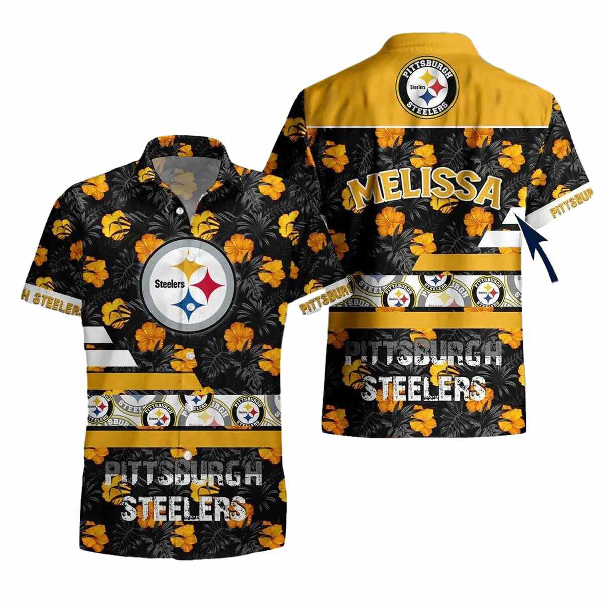Personalized Pittsburgh Steelers Yellow Hibiscus Floral Pattern Hawaiian Shirt - Moonbestprint