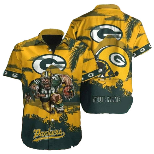 Personalized Players Paradise Green Bay Packers Mascot And Helmet 2025 Hawaiian Shirt - Moonbestprint