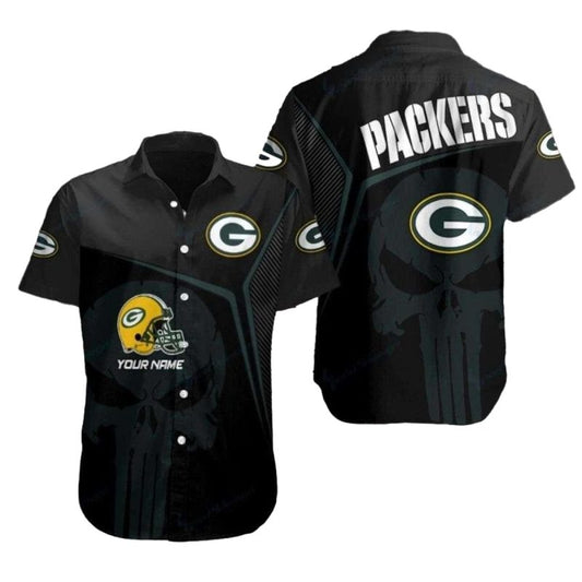 Personalized Punisher Skull Green Bay Packers Black Hawaiian Shirt - Moonbestprint