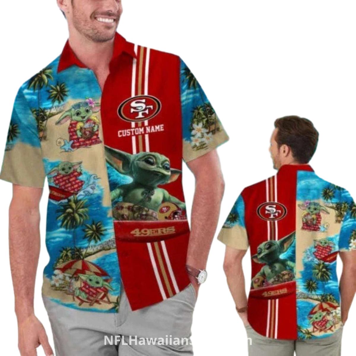 Personalized San Francisco 49ers Funny Baby Yoda Beach Surfing Hawaiian Shirt - Moonbestprint