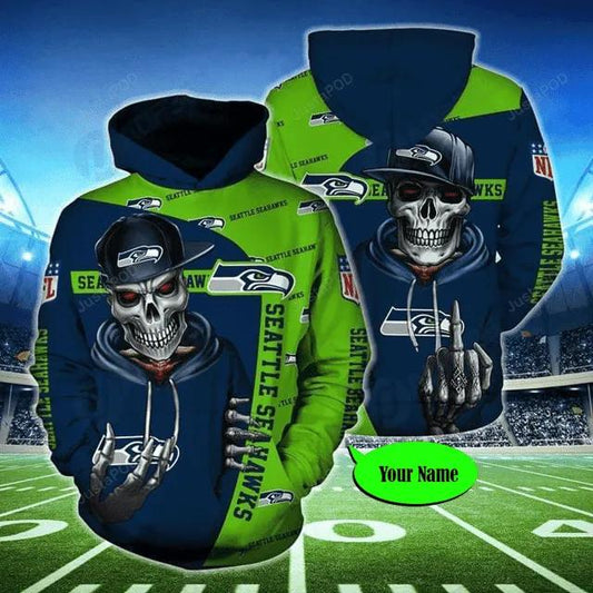 Personalized Seattle Seahawks Hiphop Skeleton Hold Logo Seahawks - Hoodie 3D, NFL Hoodie Moonbestprint