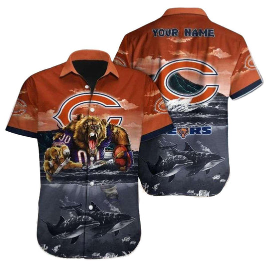 Personalized Sunset Orange Chicago Bears And Dolphin Oceanic Hawaiian Shirt For Men - Moonbestprint