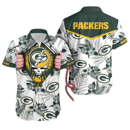 Personalized Thunder Skull Green Bay Packers Floral Hawaiian Shirt - Moonbestprint