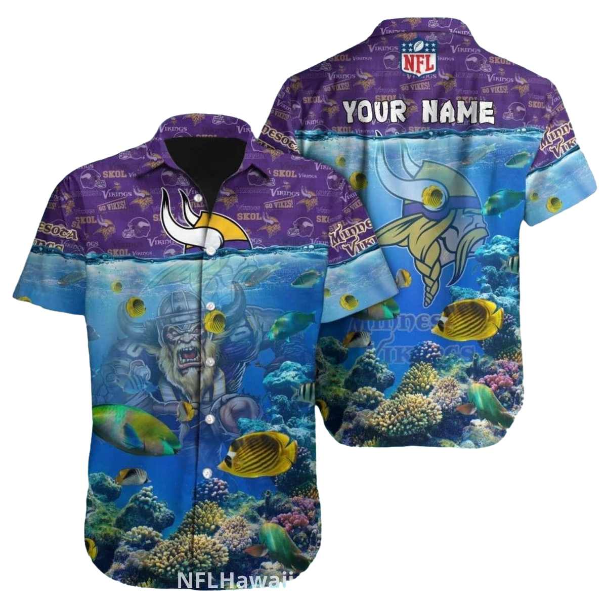 Personalized Underwater Reef And Viking Warrior Minnesota Vikings Hawaiian Shirt - Moonbestprint