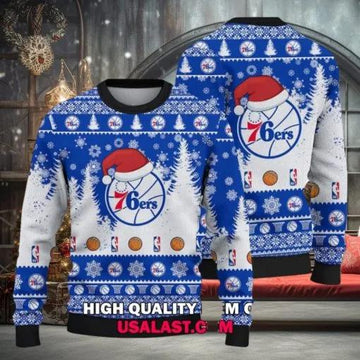 Philadelphia 76ers Santa Hat Ugly Christmas Sweater, NBA Chritsmas Sweater Moonbestprint