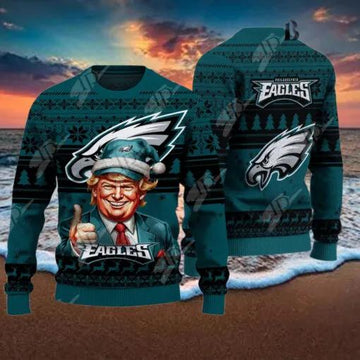Philadelphia Eagles Christmas Donald Trump Ugly Christmas Sweater, NFL Chritsmas Sweater Moonbestprint