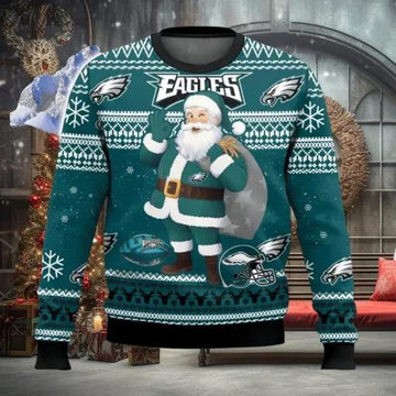 Philadelphia Eagles Funny Santa Claus Ugly Christmas Sweater, NFL Chritsmas Sweater Moonbestprint