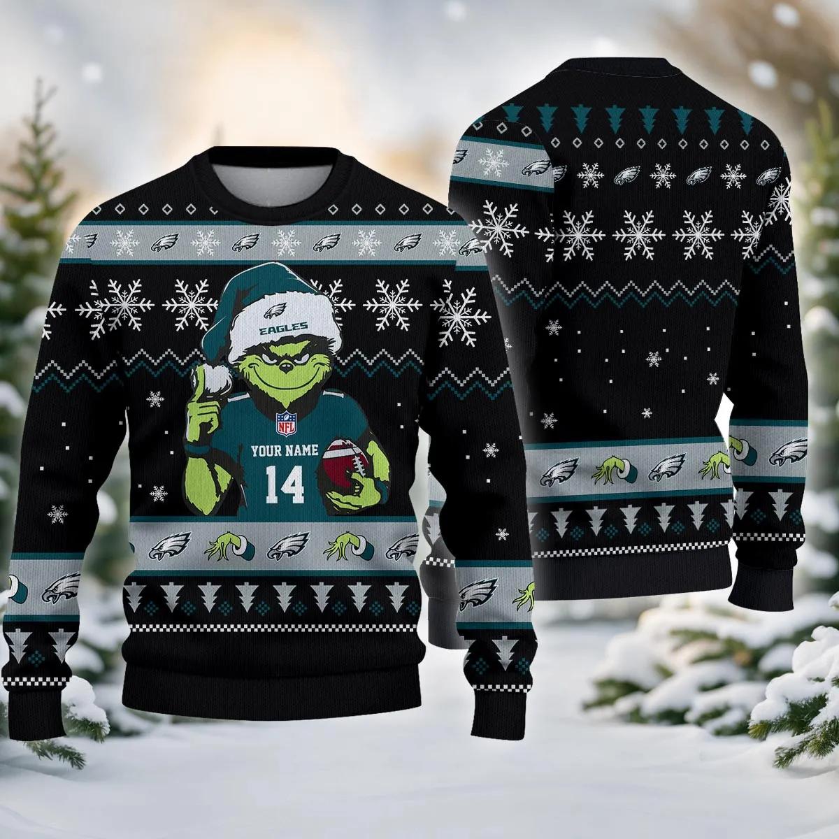 Philadelphia Eagles Grinch Custom Ugly Christmas Sweater, NFL Christmas Sweater Moonbestprint