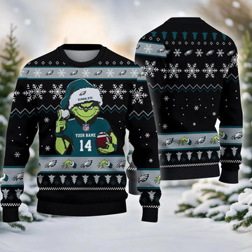 Philadelphia Eagles Grinch Custom Ugly Christmas Sweater, NFL Christmas Sweater Moonbestprint