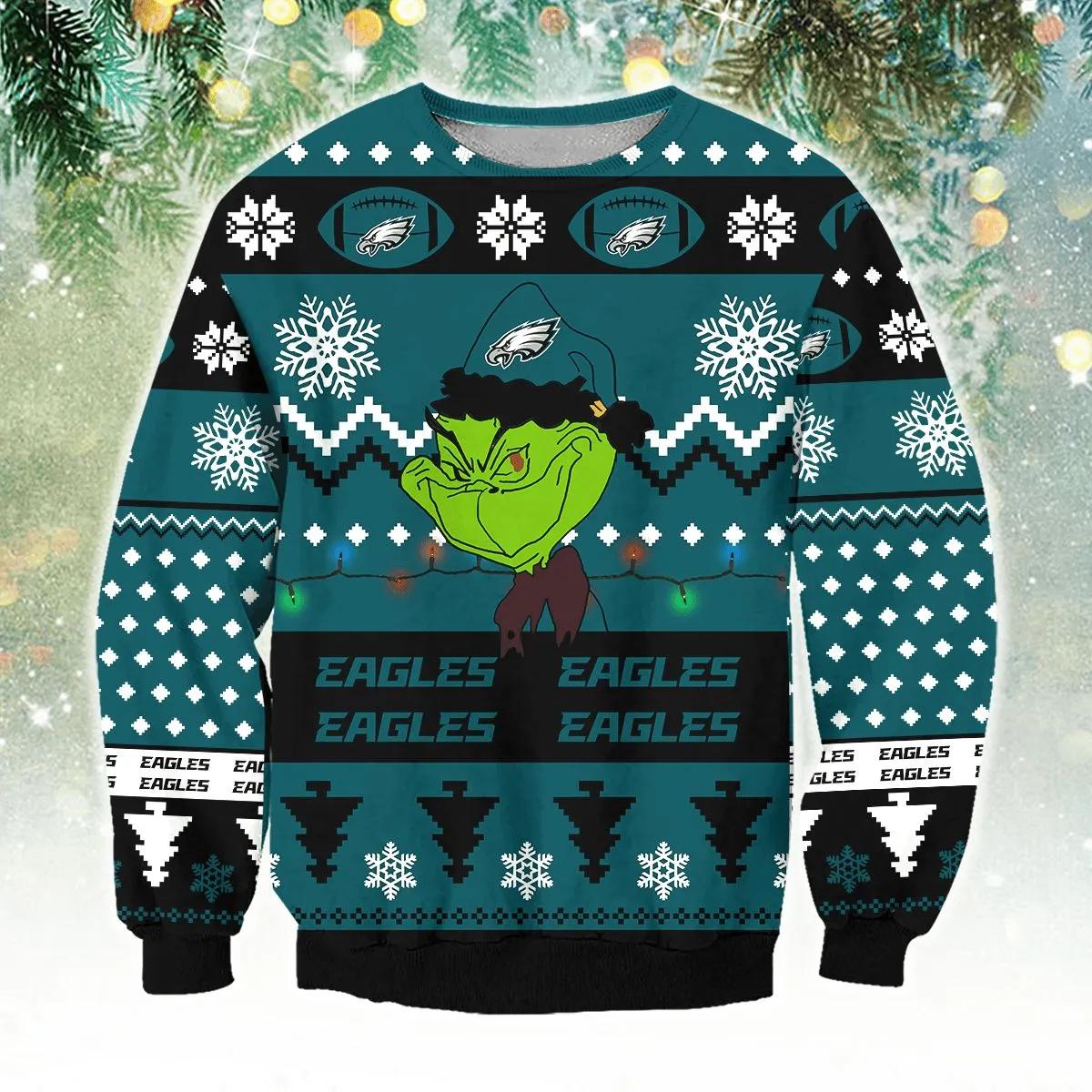 Philadelphia Eagles Grinch Cute Ugly Christmas Sweater, NFL Christmas Sweater Moonbestprint