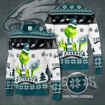 Philadelphia Eagles Grinch Knit Ugly Christmas Sweater, NFL Christmas Sweater Moonbestprint