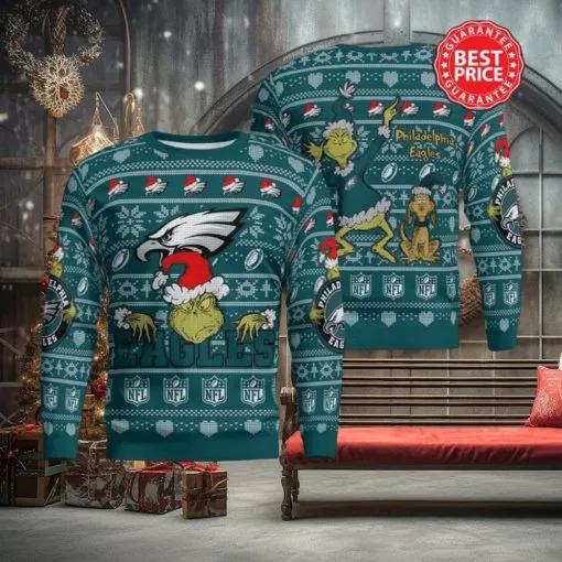 Philadelphia Eagles Grinch Santa Hat NFL Ugly Christmas Sweater, NFL Chritsmas Sweater Moonbestprint