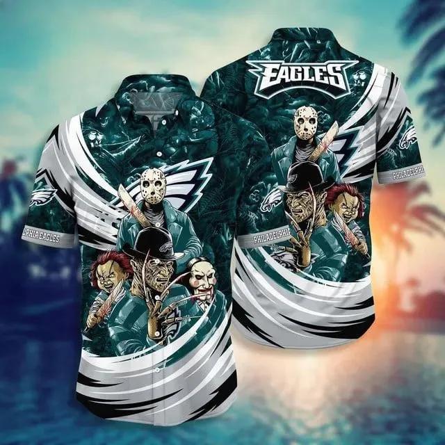 Philadelphia Eagles Halloween Horror Movies Hawaiian Shirts, NFL Hawaiian Shirt Moonbestprint