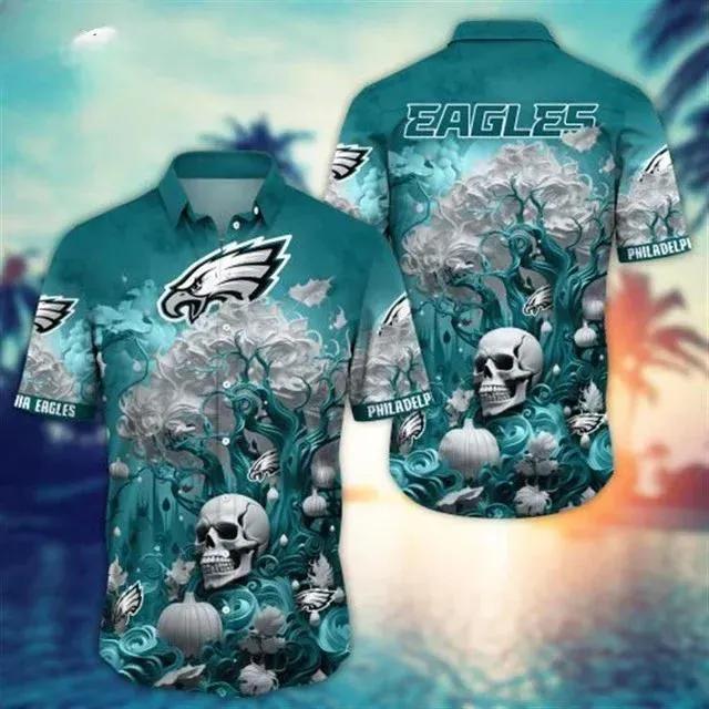 Philadelphia Eagles Halloween Skull Pumpkin Hawaiian Shirt, NFL Hawaiian Shirt Moonbestprint