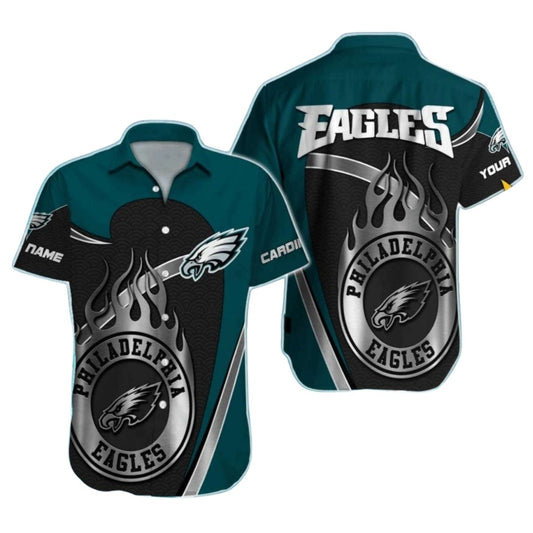 Philadelphia Eagles Black Flames And Silver Logo Hawaiian Shirt - Moonbestprint
