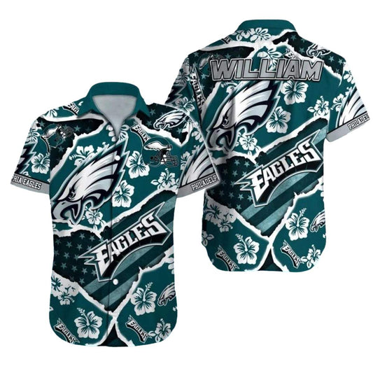 Personalized Philadelphia Eagles Floral And Hibiscus Pattern Hawaiian Shirt - Moonbestprint