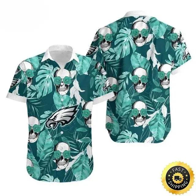 Philadelphia Eagles Hawaiian Shirt Palm Leaves And Skulls, NFL Hawaiian Shirt Moonbestprint
