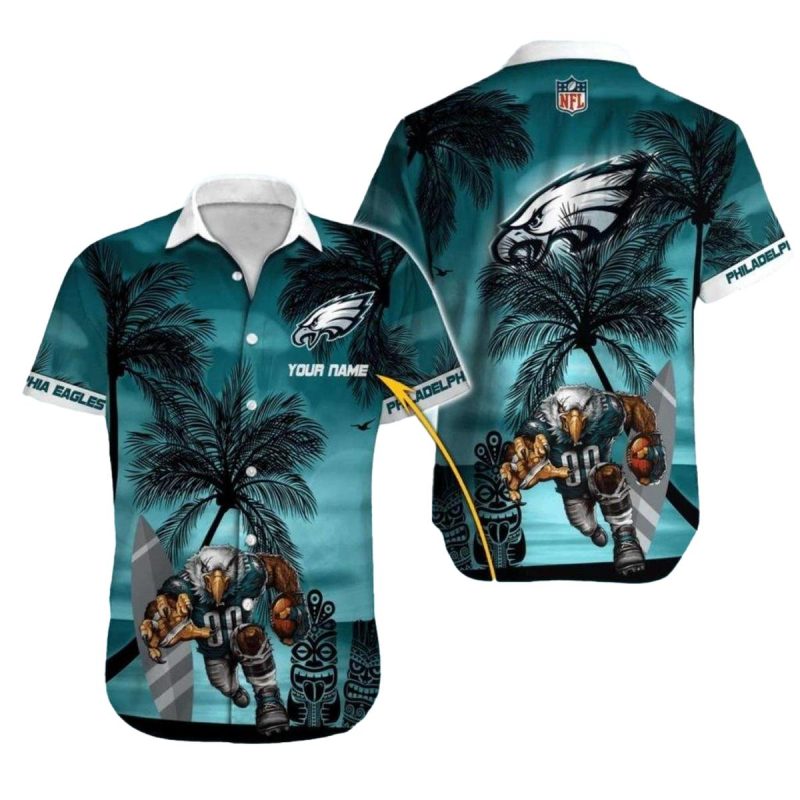 Personalized Philadelphia Eagles Tiki Statue And Palm Trees Hawaiian Shirt - Moonbestprint
