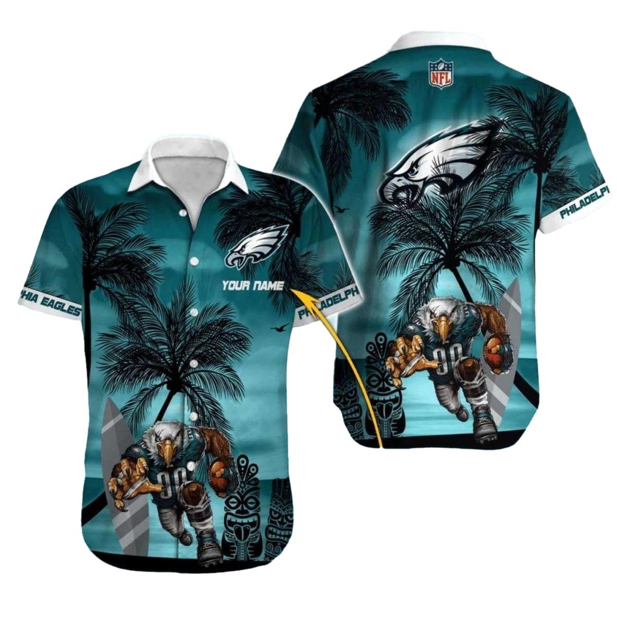Personalized Philadelphia Eagles Tiki Statue And Palm Trees Hawaiian Shirt - Moonbestprint