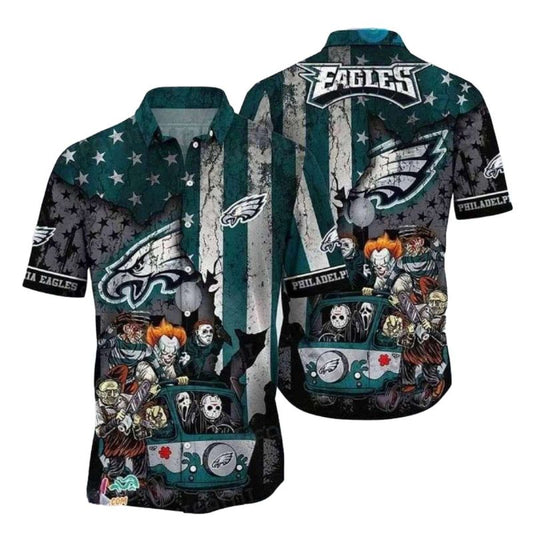 Philadelphia Eagles Horror Characters In Scooby Doo Van Halloween Hawaiian Shirt - Moonbestprint