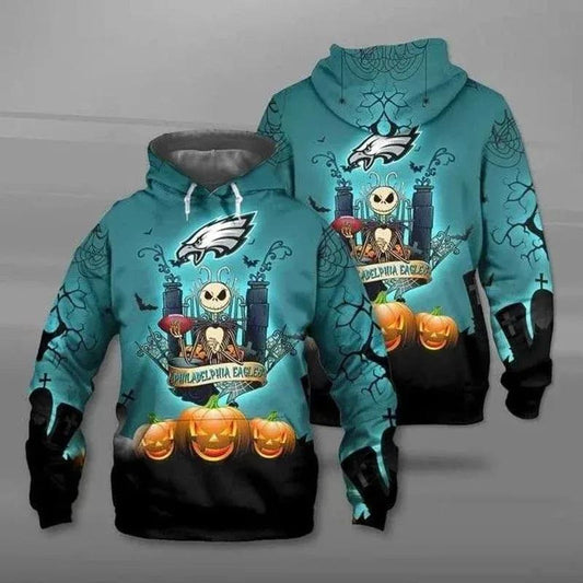 Philadelphia Eagles Jack Skellington Halloween 3D Hoodie, NFL Hoodie Moonbestprint