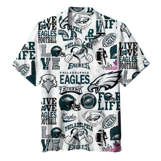 Philadelphia Eagles Life And Football Sketch White Hawaiian Shirt - Moonbestprint