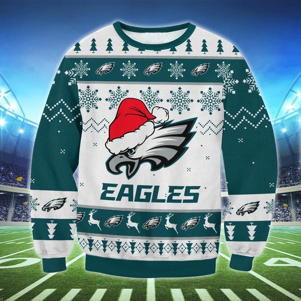 Philadelphia Eagles Santa Hat Ugly Christmas Sweater, NFL Christmas Sweater Moonbestprint