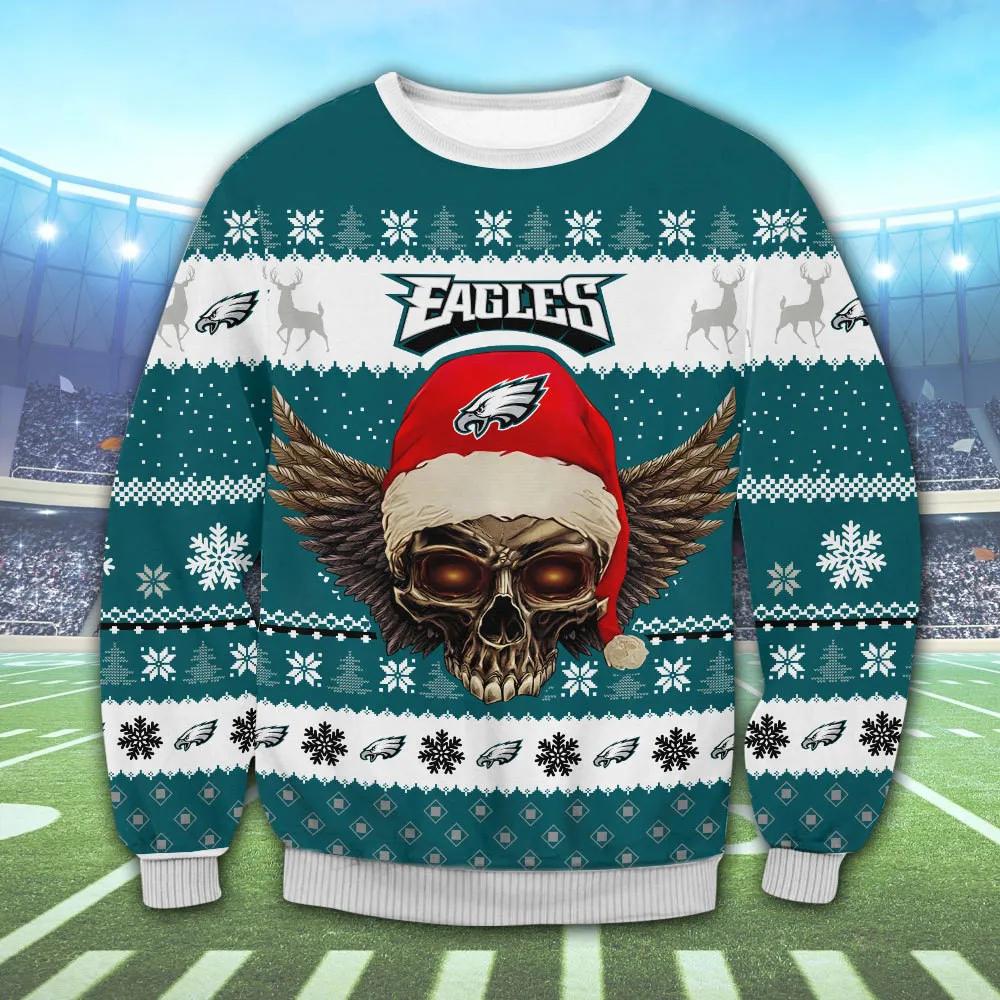 Philadelphia Eagles Skull Ugly Christmas Sweater, NFL Christmas Sweater Moonbestprint