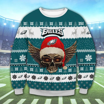 Philadelphia Eagles Skull Ugly Christmas Sweater, NFL Christmas Sweater Moonbestprint