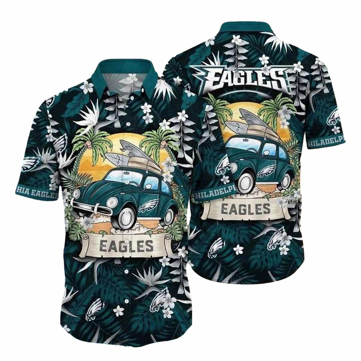 Philadelphia Eagles Surfing Up Vintage Car Tropical Hawaiian Shirt - Moonbestprint