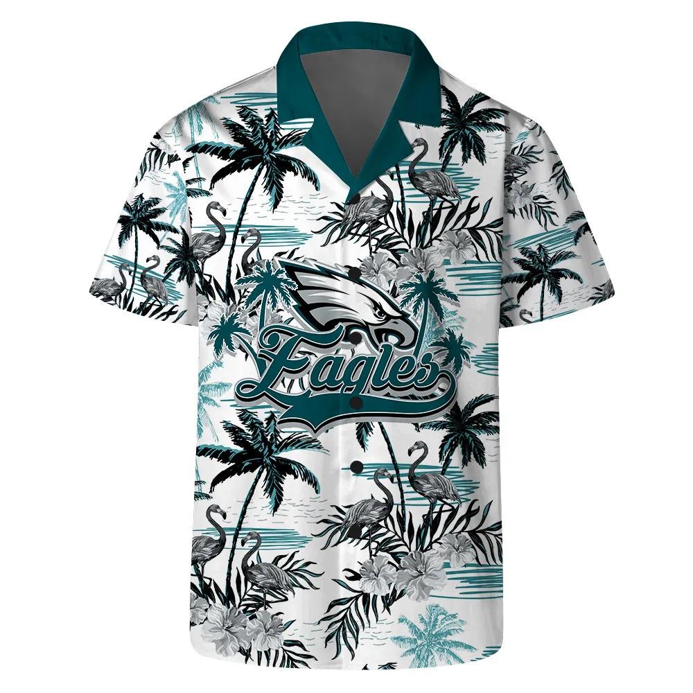 Philadelphia Eagles Team Logo Pattern Flamingo Hibiscus Hawaiian Shirt, NFL Hawaiian Shirt Moonbestprint
