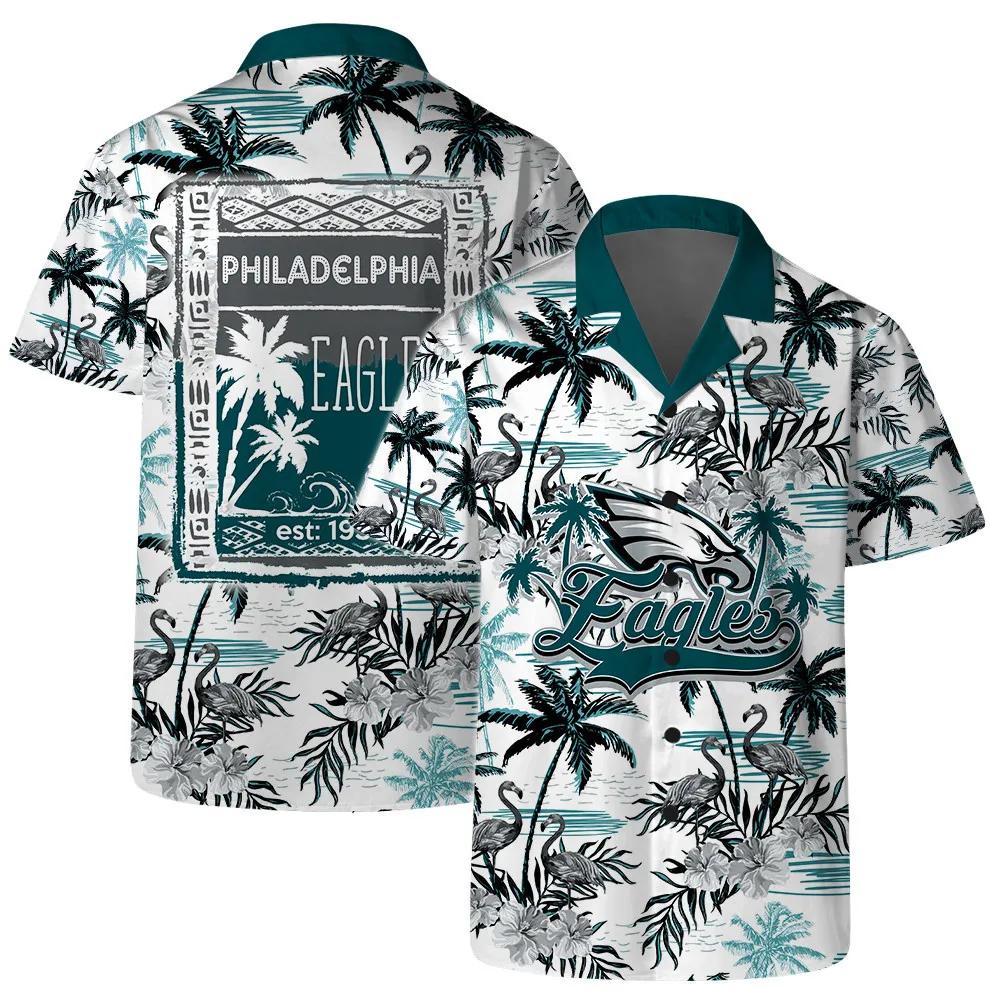 Philadelphia Eagles Team Logo Pattern Flamingo Hibiscus Hawaiian Shirt, NFL Hawaiian Shirt Moonbestprint