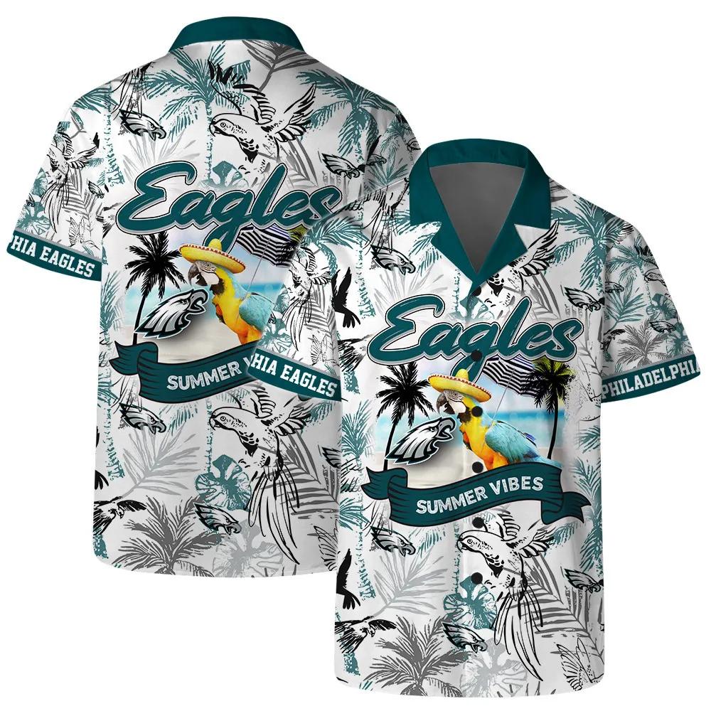 Philadelphia Eagles Team Logo Pattern Parrot Beach Hawaiian Shirt, NFL Hawaiian Shirt Moonbestprint