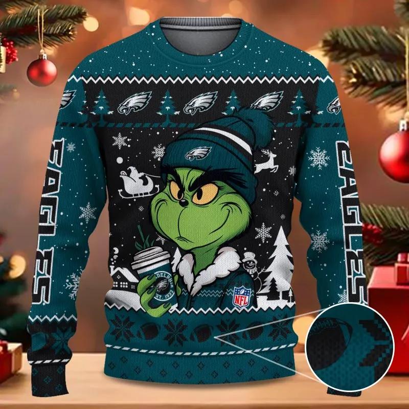 Philadelphia Eagles The Grinch Drink Coffee Ugly Christmas Sweater, NFL Christmas Sweater Moonbestprint