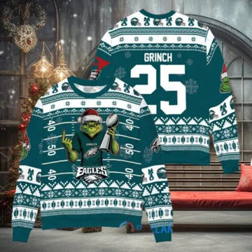Philadelphia Eagles x Grinch Christmas Dr. Seuss How the Grinch Stole Christmas with Super Bowl Trophy Custom Ugly Christmas Sweater, NFL Chritsmas Sweater Moonbestprint