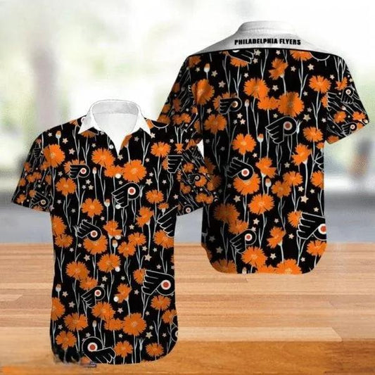 Philadelphia Flyers Orange Black Tropical Flowers Hawaiian Shirt, NHL Hawaiian Shirt Moonbestprint