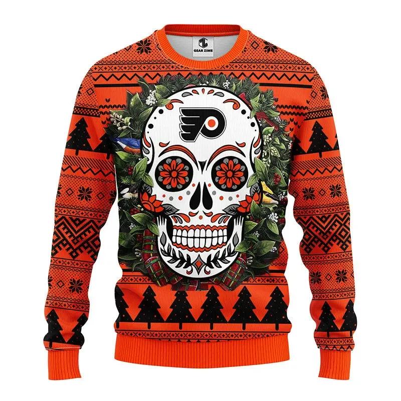 Philadelphia Flyers Skull Flower Ugly Christmas Sweater, NHL Christmas Sweater Moonbestprint