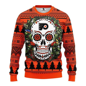 Philadelphia Flyers Skull Flower Ugly Christmas Sweater, NHL Christmas Sweater Moonbestprint