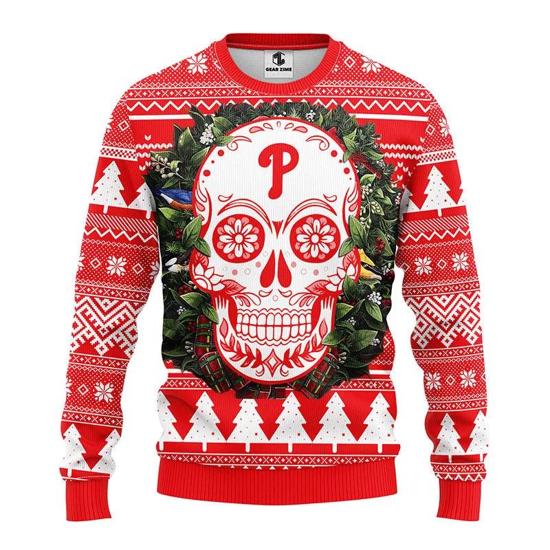 Philadelphia Phillies Skull Flower Ugly Christmas Sweater, MLB Christmas Sweater Moonbestprint