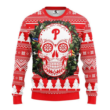 Philadelphia Phillies Skull Flower Ugly Christmas Sweater, MLB Christmas Sweater Moonbestprint