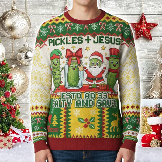 Pickles Jesus ESTD AD 33 Salty And Saved Ugly Christmas Sweater - Moonbestprint