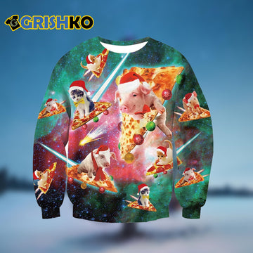 Pig Cat Pizza Ugly Christmas Sweater - Moonbestprint