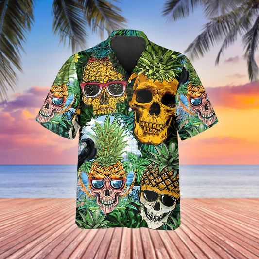 Pineapple Funny Skull Hawaiian Shirt, Hawaiian Button Up Shirt, Tropical Shirts For Men Moonbestprint