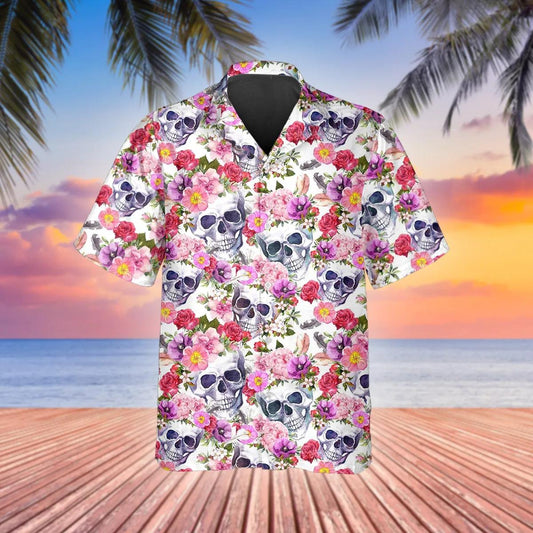 Pink Blossom Flowers Skull Hawaiian Shirt, Hawaiian Button Up Shirt, Tropical Shirts For Men Moonbestprint
