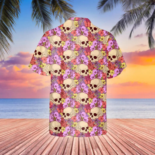 Pink Floral Skull Hawaiian Shirt, Hawaiian Button Up Shirt, Aloha Shirts Moonbestprint